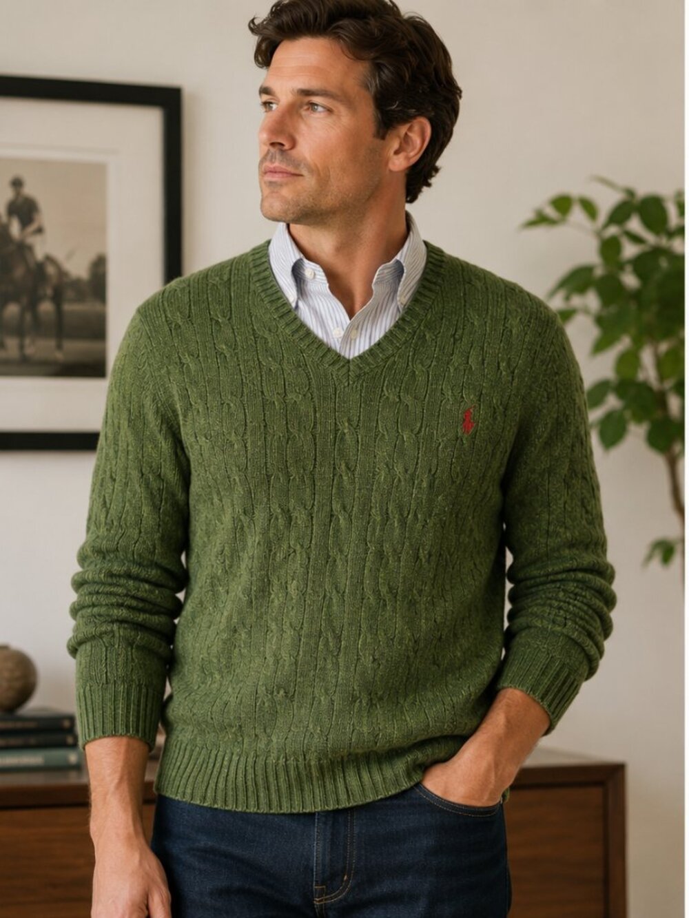 Polo Ralph Lauren Tussah Silk Cable Knit V Neck Sweater Men's XL Green